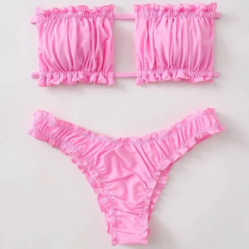 SHEIN Ruched Lettuce Trim Bandeau Bikini Swimsuit